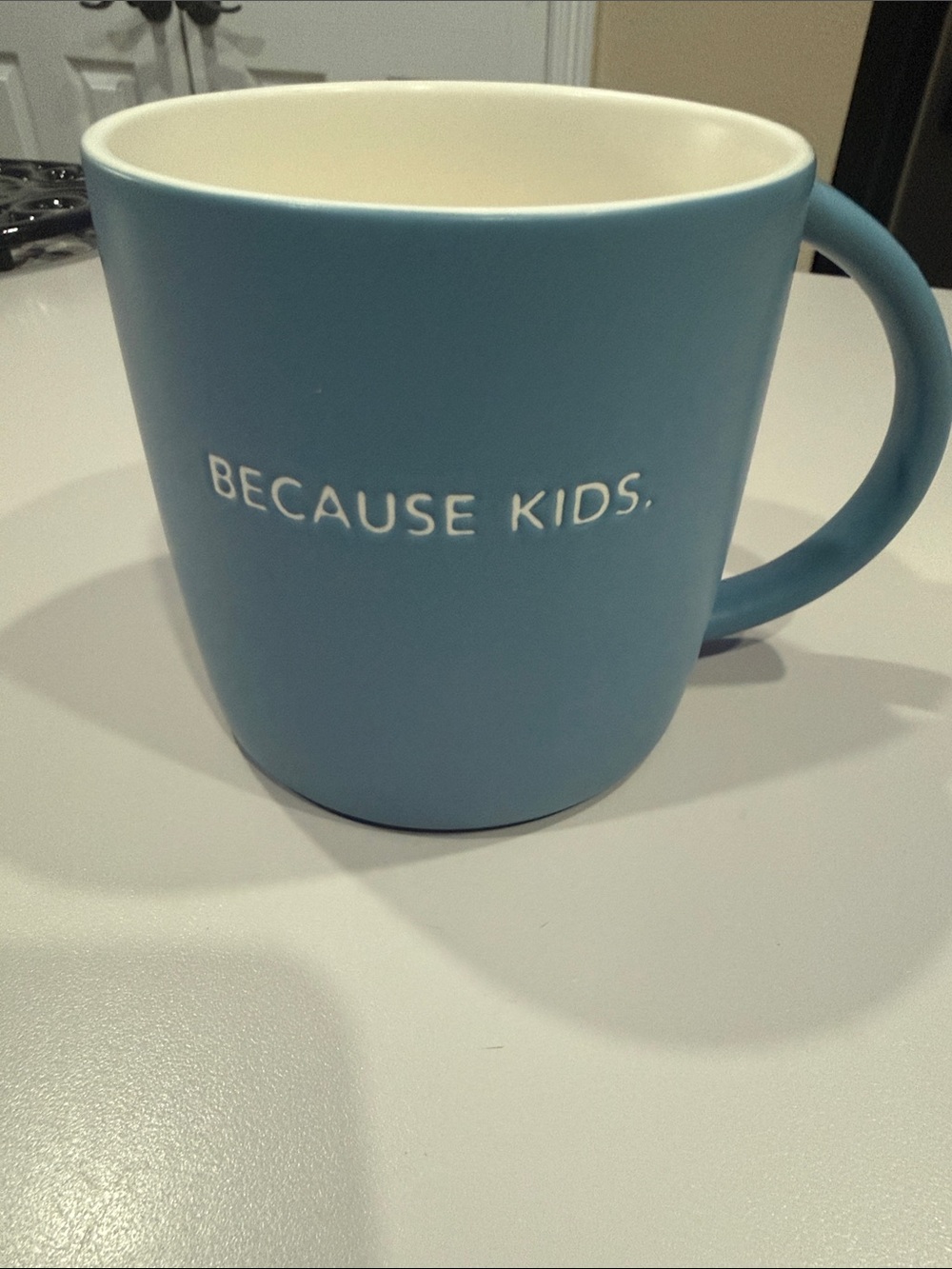 Hallmark Blue 'Because Kids.' Ceramic Coffee Mug NWT!